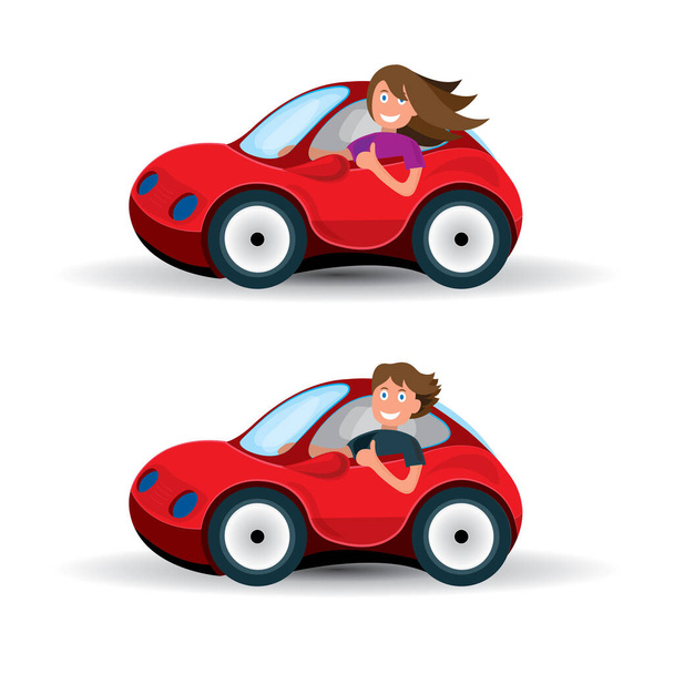 Jízda na autě. Šťastná žena a muž jezdí autem. Sada vektorových ilustrací jízdy autem. - Vektor, obrázek