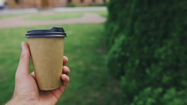 A man carries a paper cup of coffee walking in the park first-person view - Footage, Video