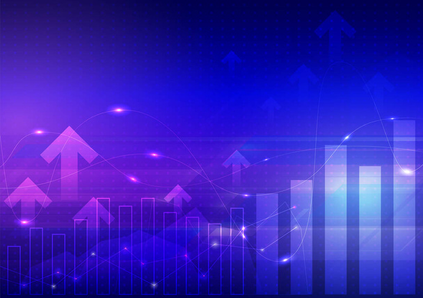Business pie chart, stijgende pijl en technologie-elementen op blauwe achtergrond - Vector, afbeelding
