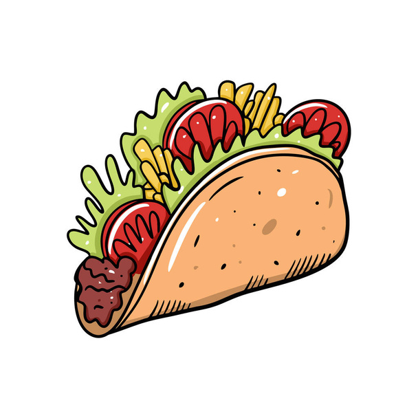 Taco mexické jídlo. FLat vektorová ilustrace. Kreslený styl. Izolováno na bílém pozadí. - Vektor, obrázek