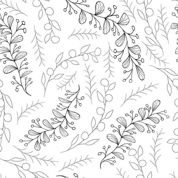 Hand drawn berries and branches on a white background. Outlines illustration. Vector seamless pattern. - Διάνυσμα, εικόνα