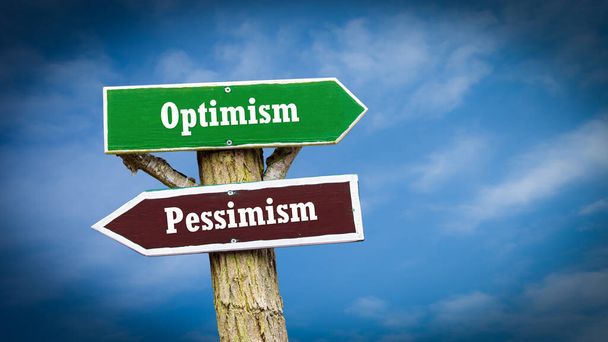 Straßenschild weist den Weg zum Optimismus versus Pessimismus - Foto, Bild