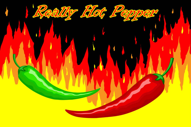 Illusztráció piros és zöld mexikói paprikával a tűzfal hátterében. Közelkép élénk, forró színekben. Nagyon csípős paprika felirat. Vektor főzés, weboldalak, blogok, reklám - Vektor, kép