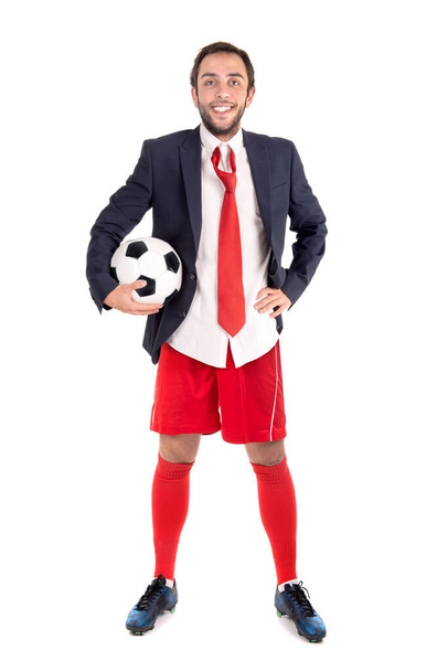 Uomo d'affari con pallone da calcio posa isolato in bianco - Foto, immagini