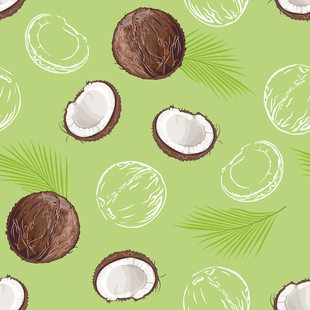 Kokosy i zielone liście na zielonym tle. Ilustracja wektora w kreskówkowym stylu płaskim. Płynny wzór. - Wektor, obraz