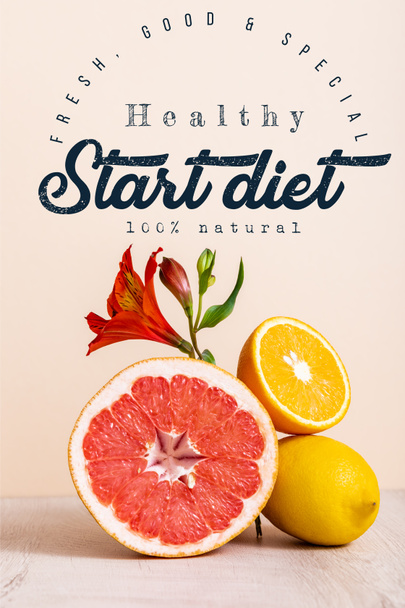 floral and fruit composition with red Alstroemeria and citrus fruits near start diet lettering on beige - Photo, Image