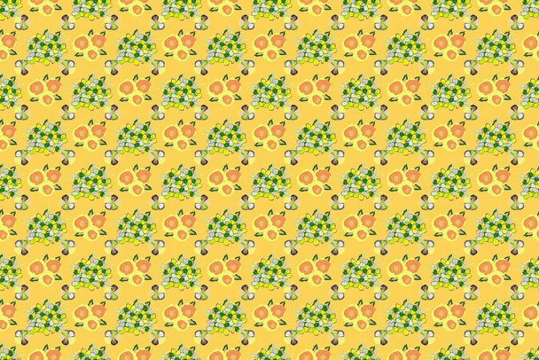 Elegância abstrato raster padrão sem costura com flores primula em cores laranja, verde e amarelo
. - Foto, Imagem