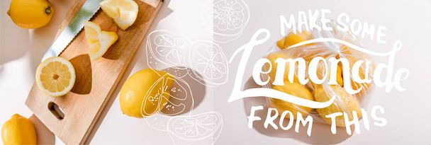 Collage mit geschnittenen Zitronen auf Holzbrett und ganzen Zitronen in Plastiktüte auf grauem Tisch mit etwas Limonade aus diesem Schriftzug, Website-Header  - Foto, Bild