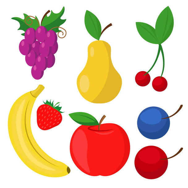 Vector set of fruits and berries: Apple, banana, cherry, strawberry, grape. Illustration on a white isolated background. - Διάνυσμα, εικόνα