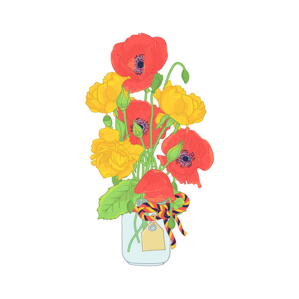 Rosa disegnata a mano e fiori di papavero in muratore clipart vaso. Elemento di design floreale. Isolato su sfondo bianco. Illustrazione vettoriale. - Vettoriali, immagini