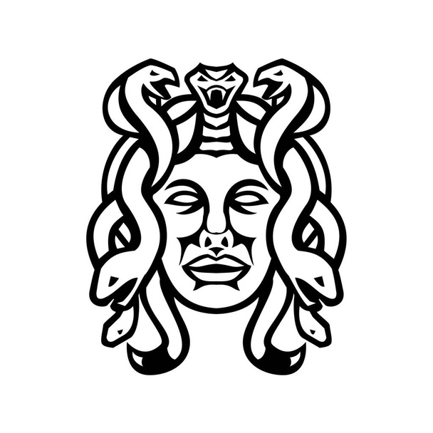 Czarno-biała ilustracja głowy Meduzy, w mitologii greckiej, potwór, Gorgon, opisany jako skrzydlata kobieta z żywymi jadowitymi wężami zamiast włosów oglądanych z przodu w stylu retro. - Wektor, obraz