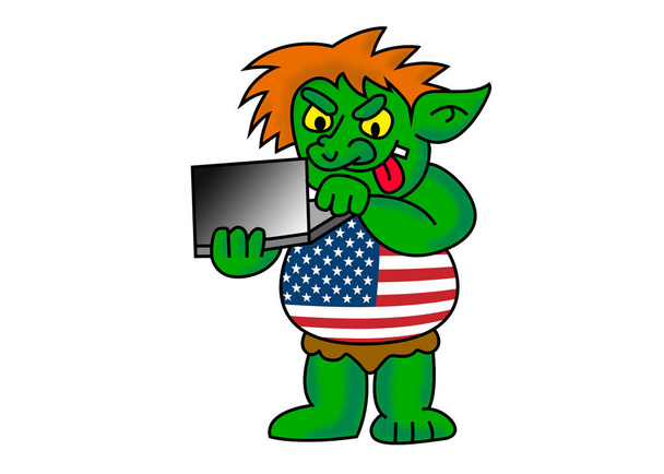 Amerika internet trol. Grappige cartoon illustratie van groene USA computer hacker met t-shirt als de Amerikaanse vlag. Afbeelding geïsoleerd op witte achtergrond. - Foto, afbeelding
