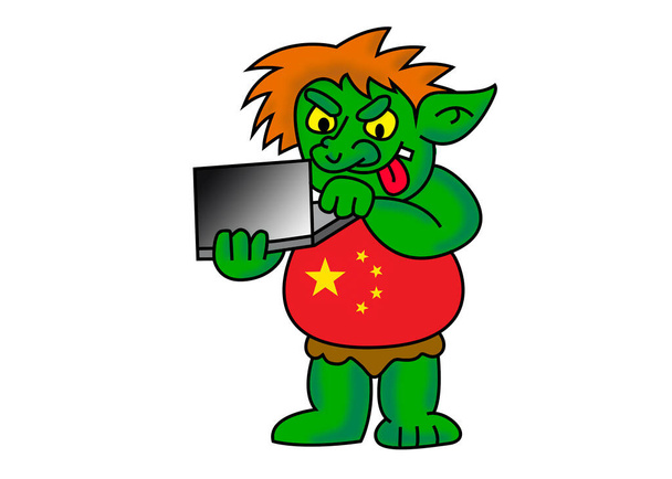 Chinas Internet-Troll. Lustige Cartoon-Illustration eines grünen chinesischen Computerhackers mit T-Shirt wie der chinesischen Flagge. Bild isoliert auf weiß. Bild isoliert auf weißem Hintergrund. - Foto, Bild
