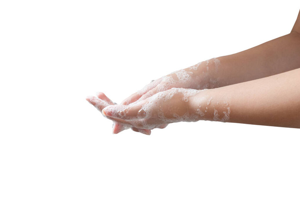 Крупним планом миття рук жінки, чистка рук на білому тлі
 - Фото, зображення
