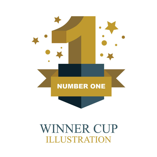 Winner cup. Number one gold winner cup illustration with ribbon. Trophy cup flat icon. - Vector, Image