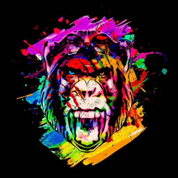 Colorful artistic angry monkey with colorful paint splatters on dark background - Photo, Image