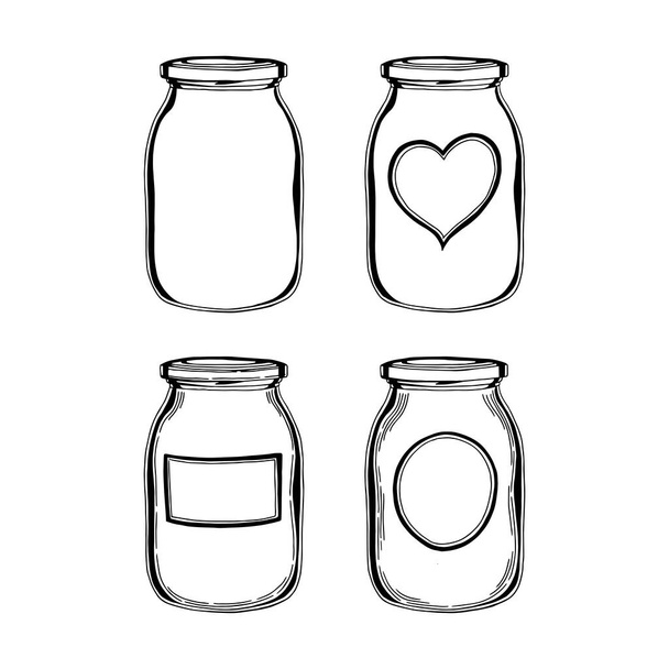 Pot. Pots dessinés à la main avec des étiquettes. Pot en verre croquis ensemble de dessin. - Vecteur, image