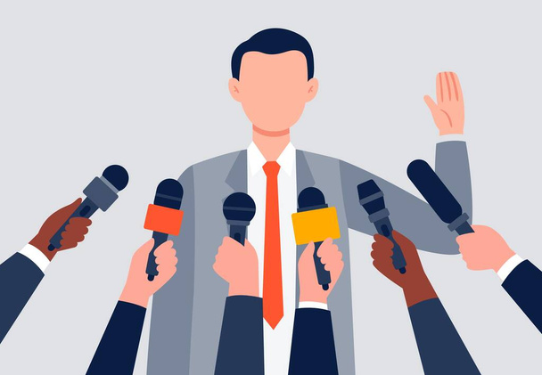 Live report, live news concept. A man giving an interview. Many hands of journalists with microphones. An interview with a businessman. Flat vector illustration. - Vector, Image