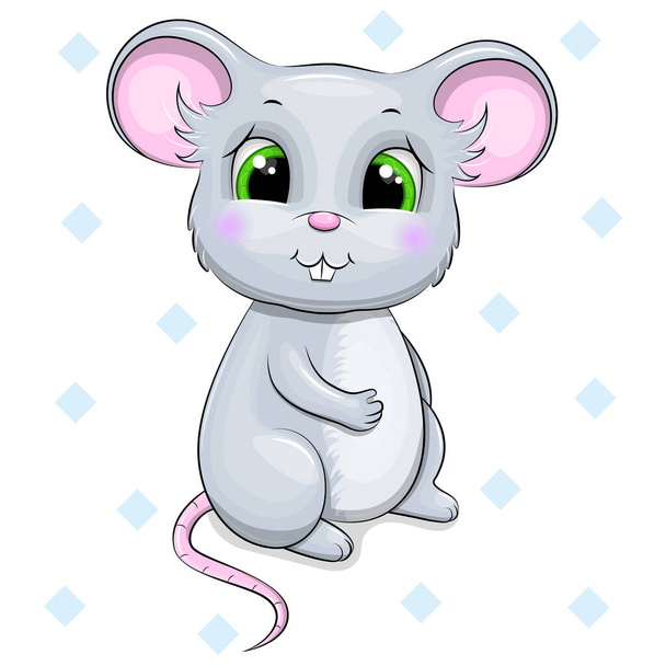 Cute cartoon mouse with big green eyes. Vector illustration of animal isolated on white. - Διάνυσμα, εικόνα