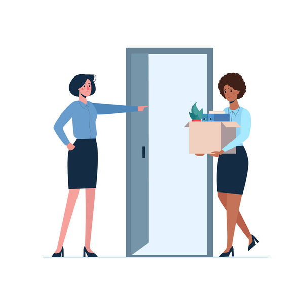 woman boss leaves a black woman without work. Fired african person leaves the office with a box in his hands. Vector, flat. Dismissed employee, unemployment. Job loss due to crisis, economic decline - Vector, Image