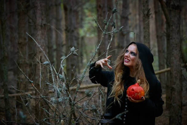 κορίτσι μάγισσα κολοκύθα μάγισσα σε Απόκριες σε ένα σκοτεινό δάσος πεύκου 2020 - Φωτογραφία, εικόνα