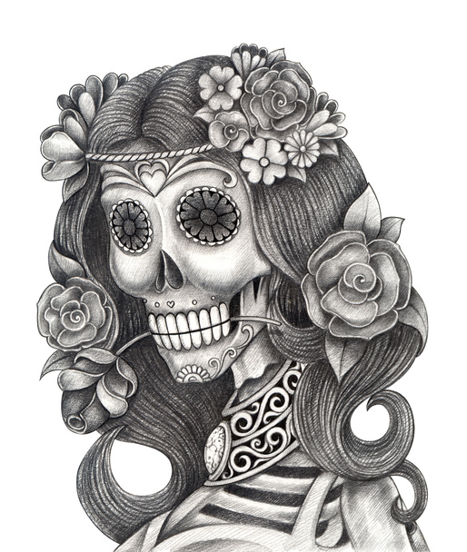 Moda Modelo Mulher Skull.Hand desenho sobre papel
. - Foto, Imagem