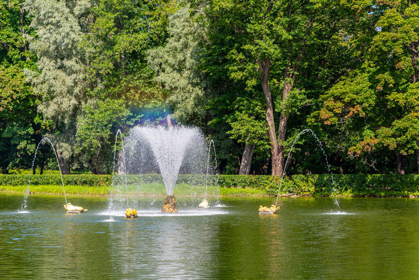 Peterhof, Russia-15 August 2019: Whale fountain and Sand pond in the Lower Park,  Saint Petersburg, Russi - Photo, image