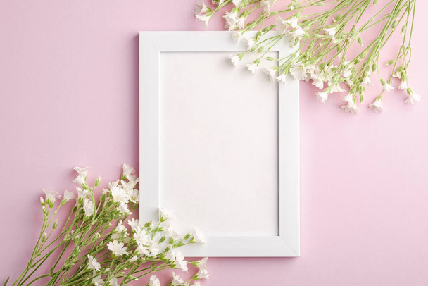 Marco de fotos blanco vacío maqueta con flores de chickweed de ratón-oreja sobre fondo rosa, espacio de copia de vista superior - Foto, imagen