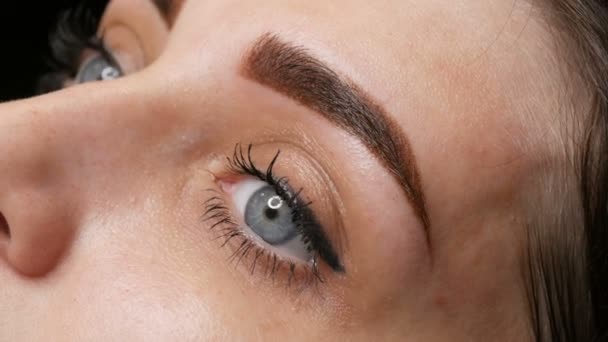 Das Gesichtsporträt einer schönen jungen Frau mit blauen Augen und langen Wimpern nach der Prozedur des Permanent Make-up durch Microblading mit Augenbrauen-Tätowierung liegt auf einer Couch in einem Schönheitssalon in Großaufnahme - Filmmaterial, Video