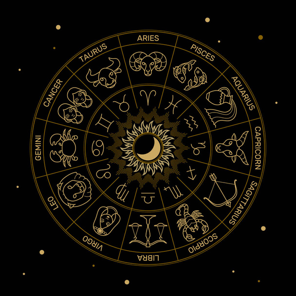 Ζωδιακός κύκλος αστρολογία ωροσκόπιο χρυσό γραμμή σε μαύρο φόντο minimal στυλ. - Διάνυσμα, εικόνα