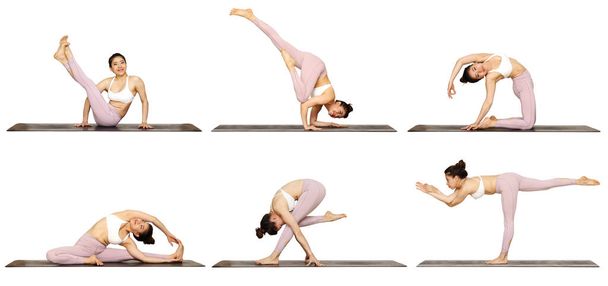 Mujeres asiáticas haciendo 6 poses de yoga. Fondo blanco. El concepto de ejercicio tiene beneficios para la salud. camino de recorte. aislado
 - Foto, imagen