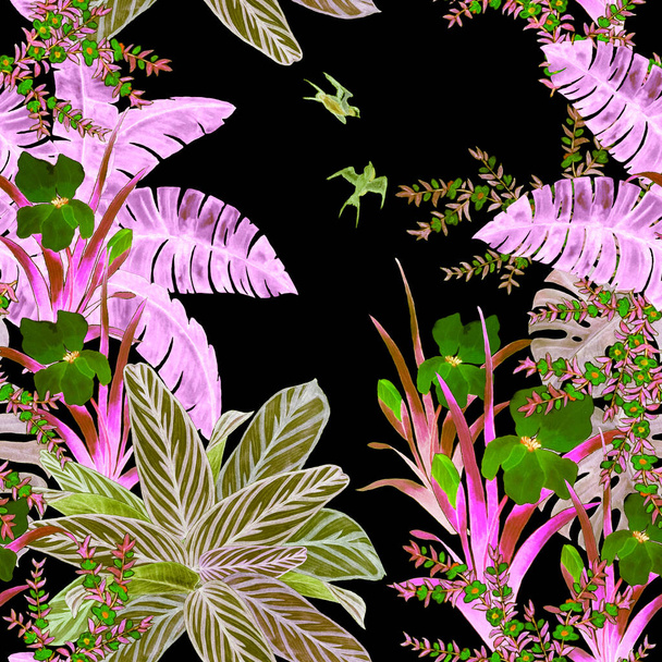 Hawaiian floral seamless pattern with watercolor tropical garden. Exotic leaves, flowers and birds on black. Tropical summer print. - Foto, Imagen
