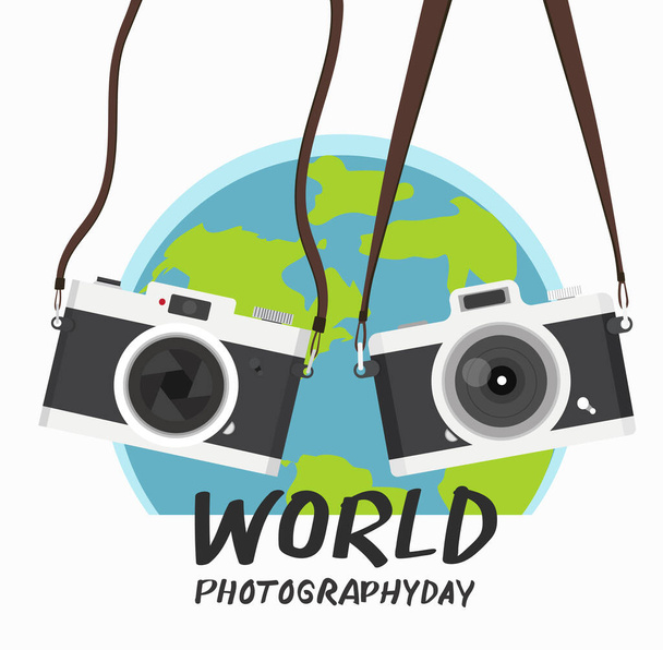 hanging vintage camera with  world photography day vector - Vektor, obrázek