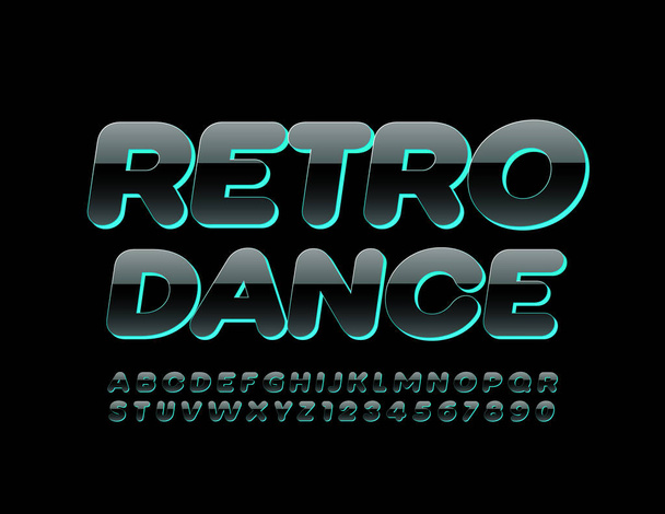 Vector party banner Retro Dance. 3D Black and Green Font. Glossy Alphabet Letters and Numbers - Вектор,изображение