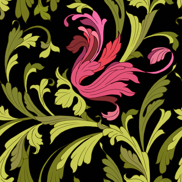 бесшовный узор с завитками листьев и цветов, орнамент для обоев и тканей, оберточная бумага, фон для различных дизайнов
 - Вектор,изображение