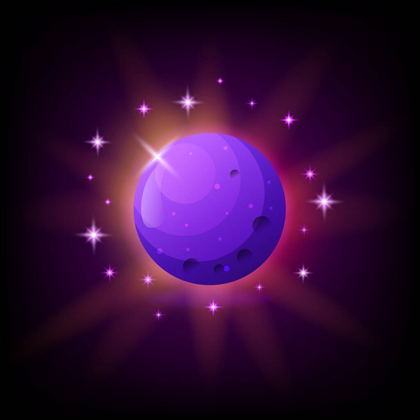 Purple planet with rings icon for game or mobile app on dark background. Alien world vector illustration in cartoon style - Vektor, Bild
