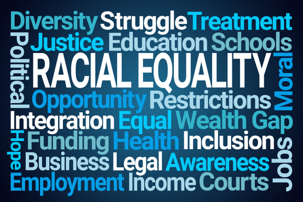 Wortwolke zur Rassengleichheit auf blauem Hintergrund - Foto, Bild