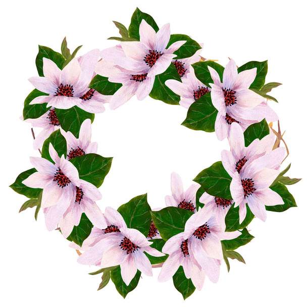 akwarela różowo-magnolia-wieniec - Zdjęcie, obraz