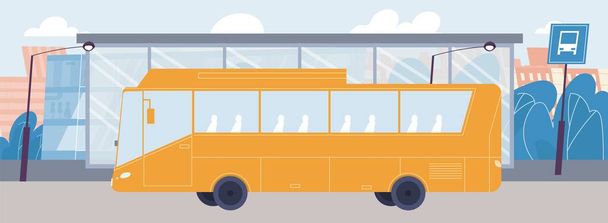 Leerer Stadtbus kommt an Haltestelle für öffentliche Verkehrsmittel an - Vektor, Bild