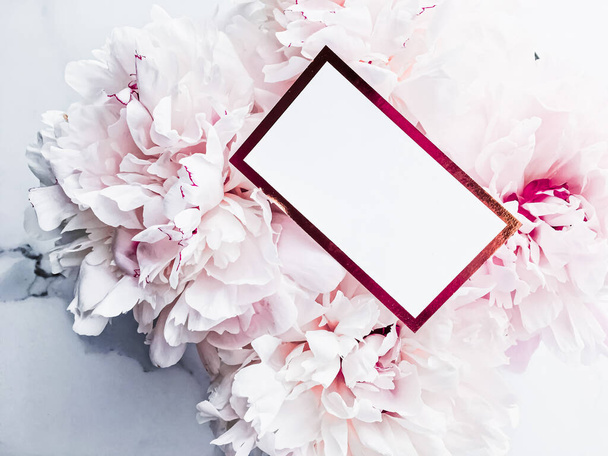Glamorous business card or invitation mockup and bouquet of peony flowers, wedding and event branding - 写真・画像