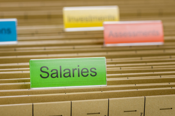 Hanging file folder labeled with Salaries - Photo, Image