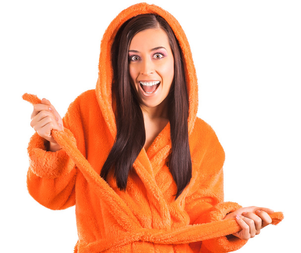 Cute brunette in an orange bathrobe - Φωτογραφία, εικόνα