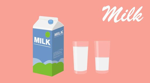 Ilustración aislada vectorial de una caja de leche y dos vasos de leche
 - Vector, imagen