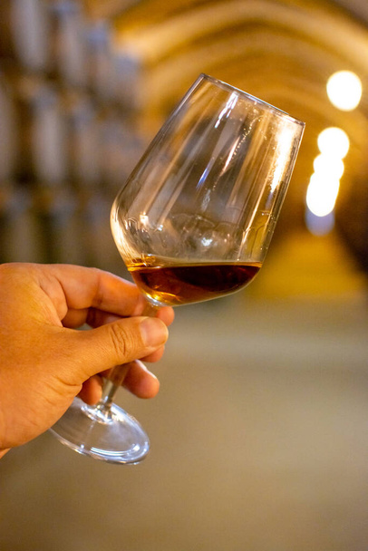 Γευστικό εμπλουτισμένο ξηρό ή γλυκό κρασί marsala σε vintage κάβα κρασιού με παλιά δρύινα βαρέλια στη Μαρσάλα, Σικελία, Ιταλία, ποτήρι κρασιού με κρασί - Φωτογραφία, εικόνα