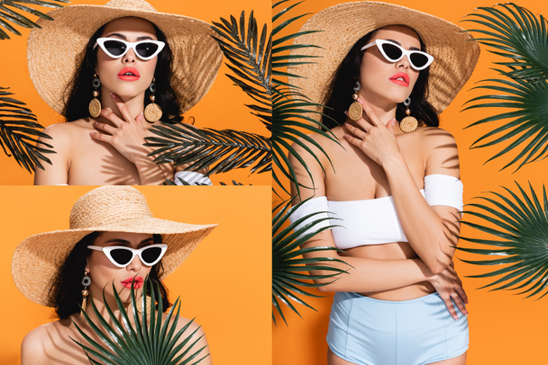 collage de mujer de moda en trajes de baño, gafas de sol y sombrero de paja cerca de hojas de palma en naranja
 - Foto, Imagen
