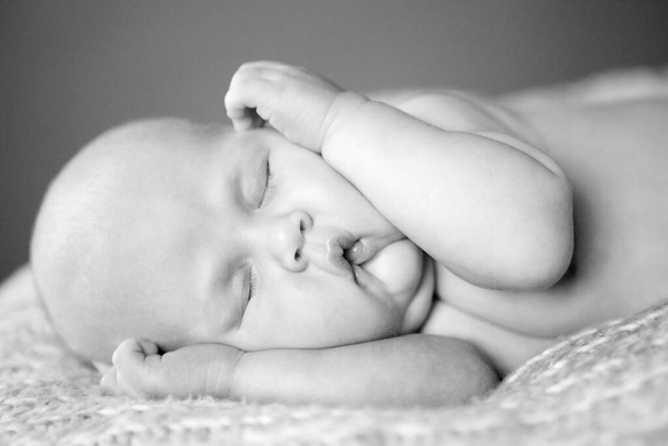 black white. sleeping newborn baby. care of children. peaceful sleep of child. - Valokuva, kuva