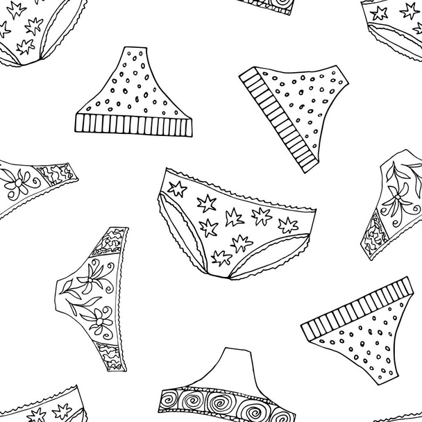 Doodle of women's panties. Monochrome vector seamless pattern. Outlines illustration. - Vecteur, image
