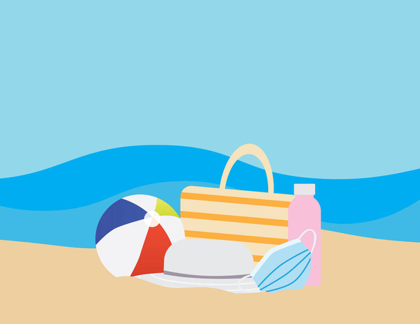 Επίπεδη απεικόνιση του Πολύχρωμο μπάλα παραλία, τσάντα παραλίας, μπουκάλι νερό μάσκα προσώπου και καπέλο στην άμμο Μπράουν, και μπλε θάλασσα στο παρασκήνιο - Διάνυσμα, εικόνα