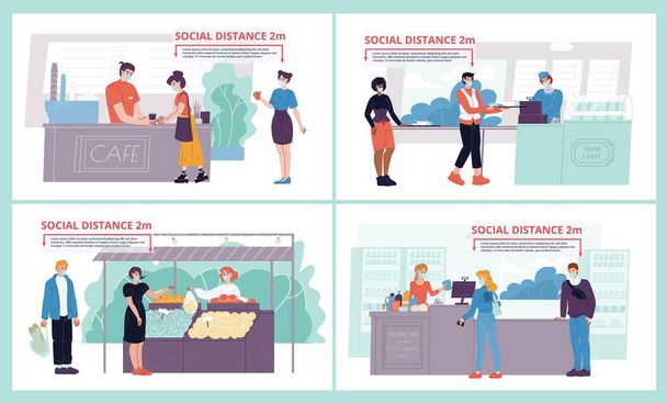 店での人々の社会的距離、場所を食べるセット - ベクター画像