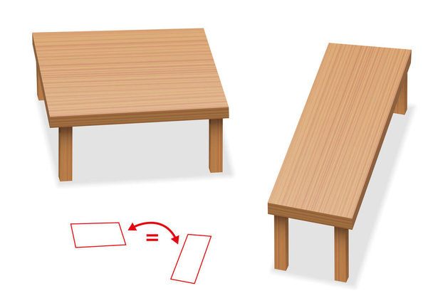 Ilusão óptica - duas mesas com exatamente o mesmo tamanho de mesa - percepção do tamanho relativo. As duas superfícies de madeira costura para ser diferente
. - Vetor, Imagem